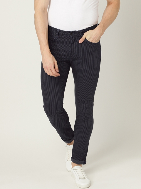 

United Colors of Benetton Men Navy Blue & Grey Slim Tapered Fit Striped Regular Trousers
