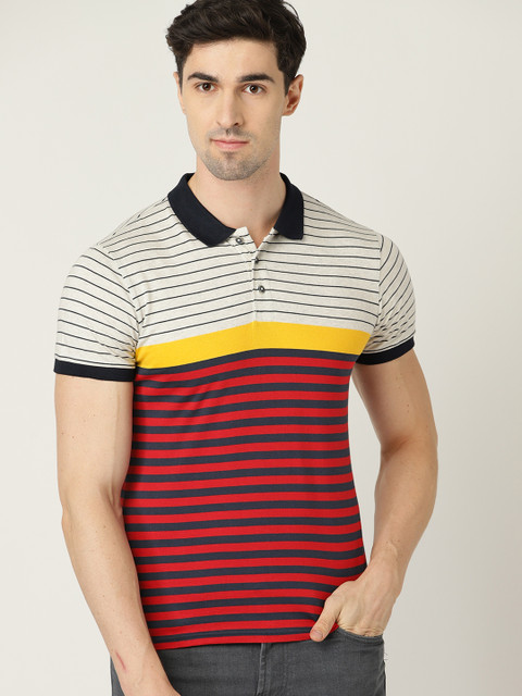 

United Colors of Benetton Men Off-White & Red Striped Polo Collar T-shirt