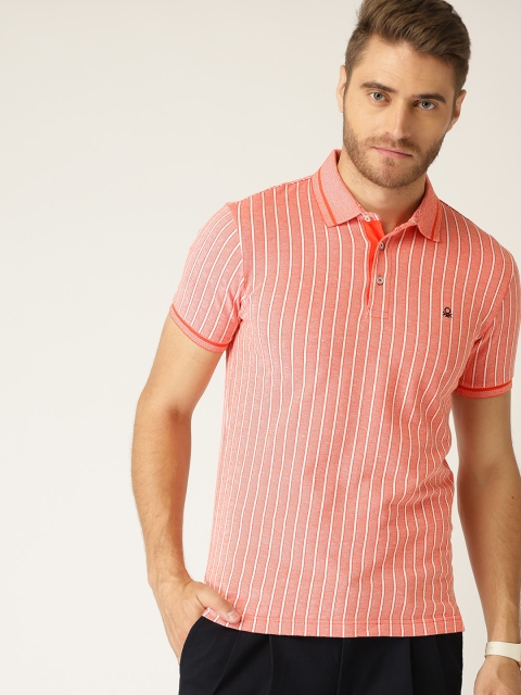 

United Colors of Benetton Men Orange & White Striped Polo Collar T-shirt