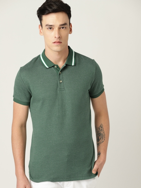 

United Colors of Benetton Men Green Self Design Polo Collar T-shirt