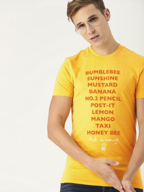 

United Colors of Benetton Men Mustard Yellow Printed Round Neck T-shirt