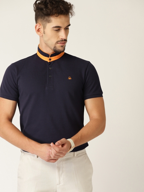 

United Colors of Benetton Men Navy Blue Solid Mandarin Collar T-shirt