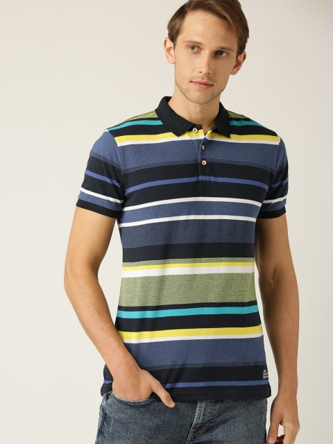 

United Colors of Benetton Men Blue & Green Striped Polo Collar T-shirt