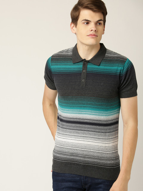 

United Colors of Benetton Men Charcoal Grey & Green Striped Polo Collar T-shirt