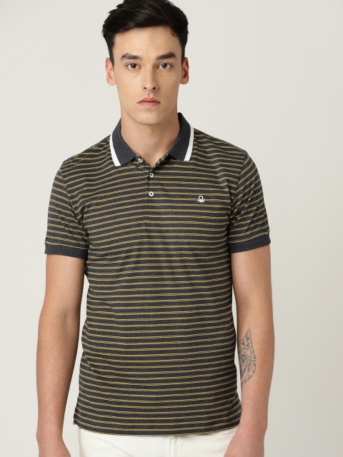 

United Colors of Benetton Men Navy Blue & Yellow Striped Polo Collar T-shirt