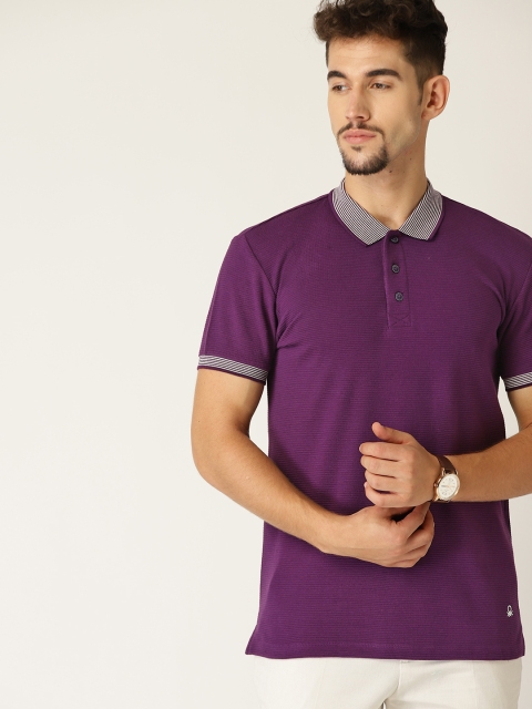 

United Colors of Benetton Men Purple Self-Striped Polo Collar T-shirt