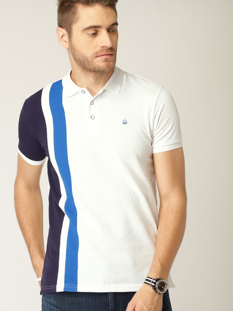 

United Colors of Benetton Men White & Blue Colourblocked Polo Collar T-shirt
