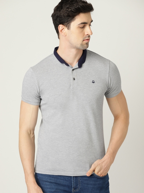 

United Colors of Benetton Men Grey Melange Solid Polo Collar T-shirt