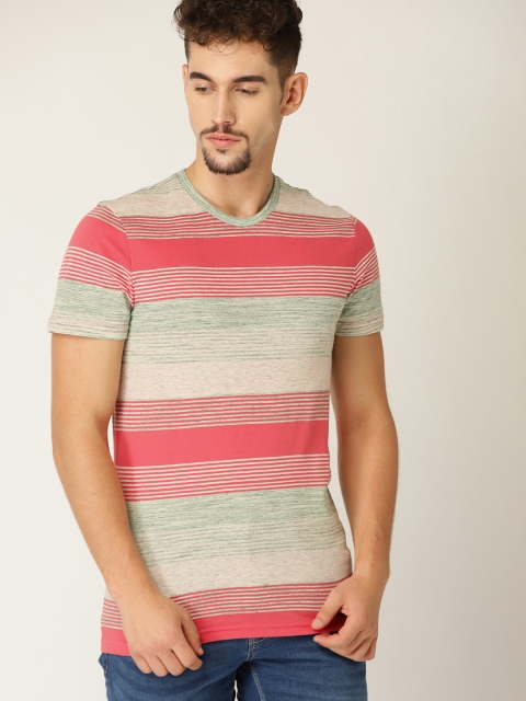

United Colors of Benetton Men Coral Pink & Grey Striped Round Neck T-shirt