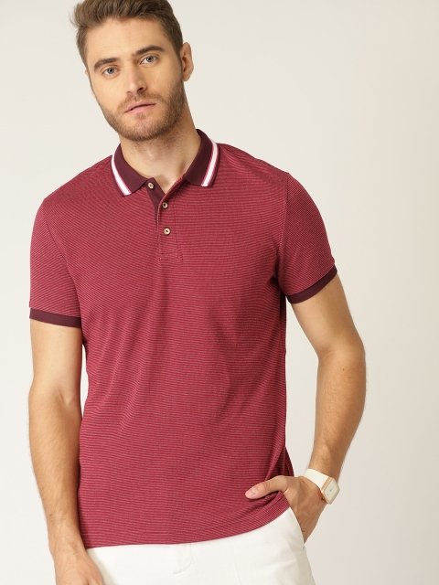 

United Colors of Benetton Men Maroon Self-Striped Polo Collar T-shirt