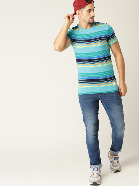 

United Colors of Benetton Men Blue & Yellow Striped Round Neck T-shirt