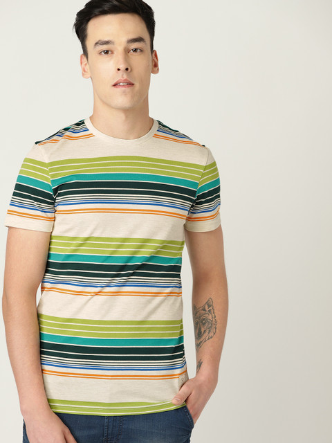

United Colors of Benetton Men Beige & Green Striped T-shirt