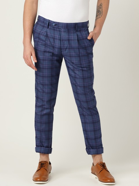 

United Colors of Benetton Men Blue Tailored Slim Fit Checked Regular Trousers
