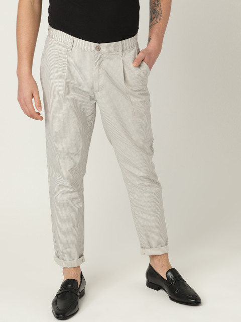 

United Colors of Benetton Men Off-White & Black Striped Cropped Regular Trousers
