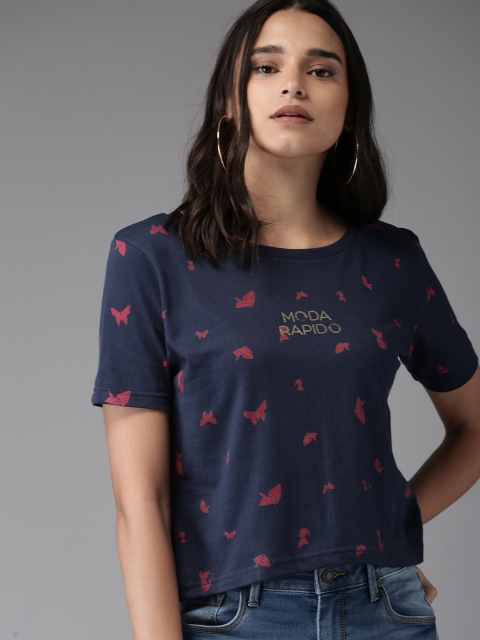 

Moda Rapido Women Navy Blue & Red Printed Round Neck T-shirt