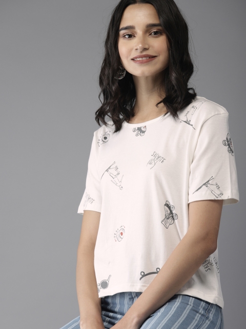 

Moda Rapido Women Off-White Printed Round Neck T-shirt