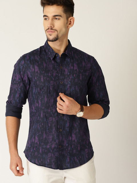 

United Colors of Benetton Men Navy Blue & Purple Slim Fit Printed Casual Shirt