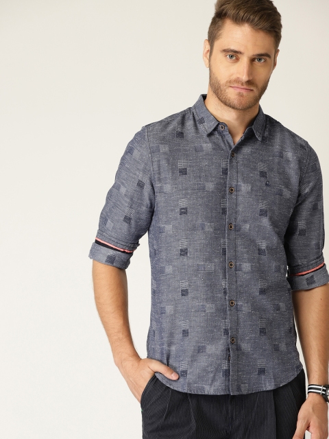 

United Colors of Benetton Men Navy Blue Slim Fit Self Design Chambray Casual Shirt