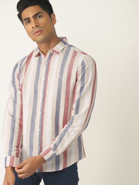 

United Colors of Benetton Men Cream-Coloured & Blue Regular Fit Striped Casual Shirt