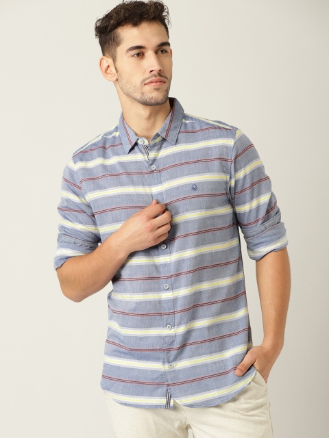 

United Colors of Benetton Men Blue & Yellow Slim Fit Striped Casual Shirt
