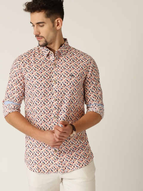 

United Colors of Benetton Men Peach-Coloured & Navy Blue Regular Fit Printed Casual Shirt