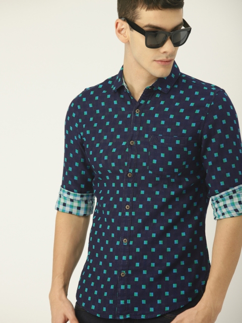 

United Colors of Benetton Men Navy Blue & Green Regular Fit Printed Casual Shirt