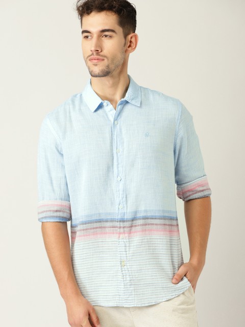 

United Colors of Benetton Men Blue & Pink Slim Fit Striped Casual Shirt