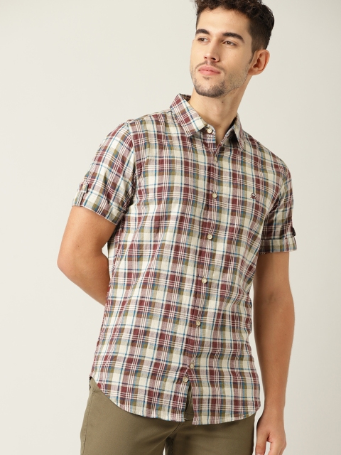 

United Colors of Benetton Men Beige & Maroon Regular Fit Checked Casual Shirt