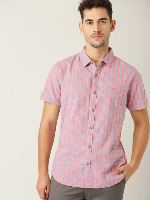 

United Colors of Benetton Men Pink & Blue Slim Fit Checked Casual Shirt