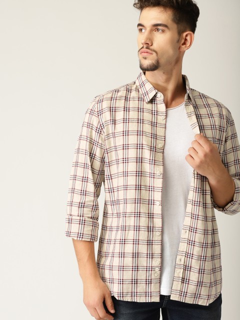 

United Colors of Benetton Men Beige & Maroon Checked Casual Shirt