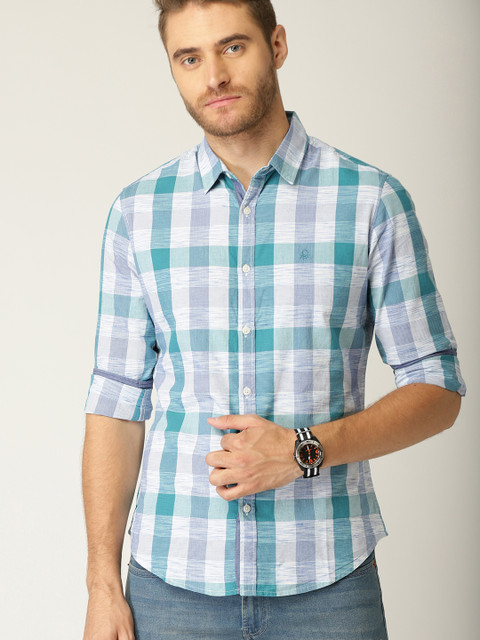 

United Colors of Benetton Men White & Green Slim Fit Checked Casual Shirt