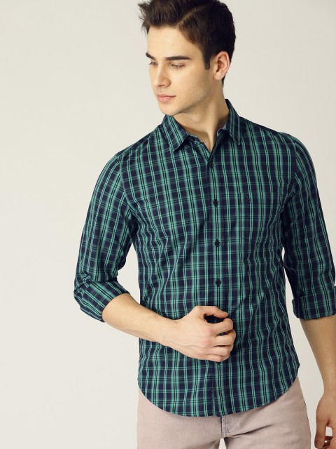 

United Colors of Benetton Men Navy Blue & Green Slim Fit Checked Casual Shirt