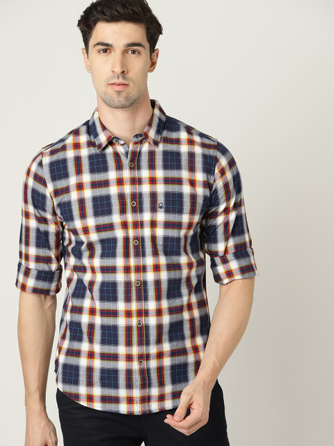 

United Colors of Benetton Men Navy Blue & White Slim Fit Checked Casual Shirt