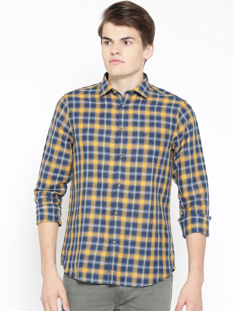 

Blackberrys Men Mustard Yellow & Navy Blue Slim Fit Checked Casual Shirt