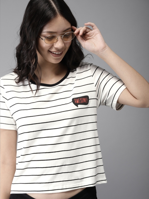 

HERE&NOW Women White & Black Striped Round Neck Crop T-shirt