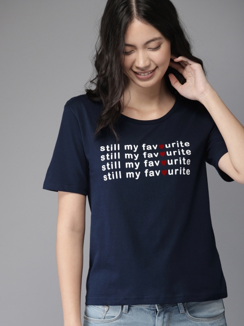 

HERENOW Women Navy Blue White Printed Round Neck Pure Cotton T-shirt