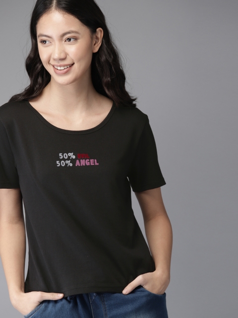 

HERE&NOW Women Black Self Design Round Neck T-shirt