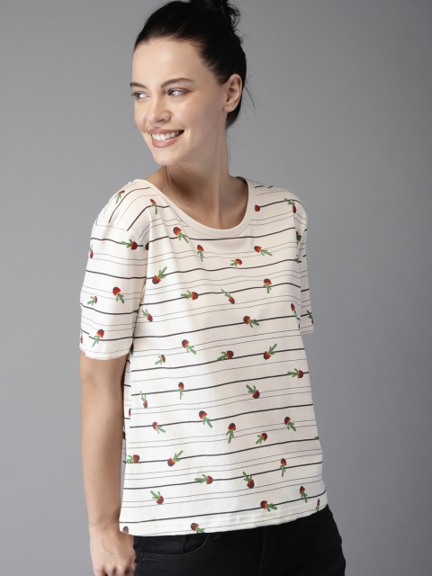 

HERE&NOW Women White Striped Round Neck T-shirt