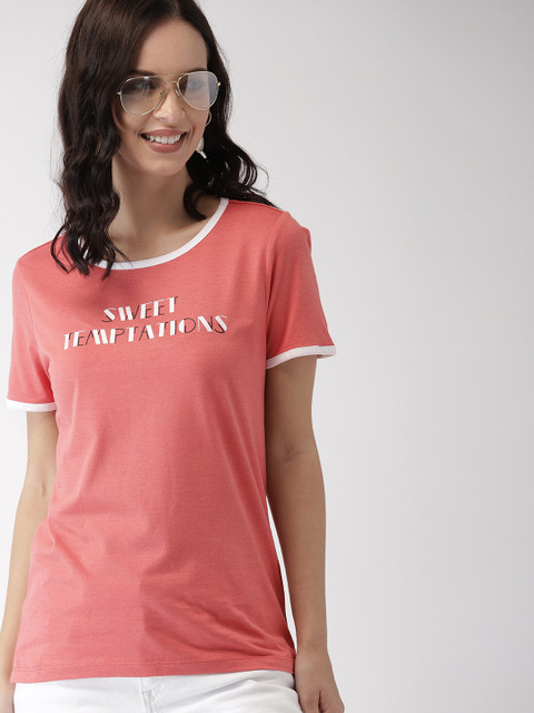 

Mast & Harbour Women Coral Pink Printed Round Neck T-shirt