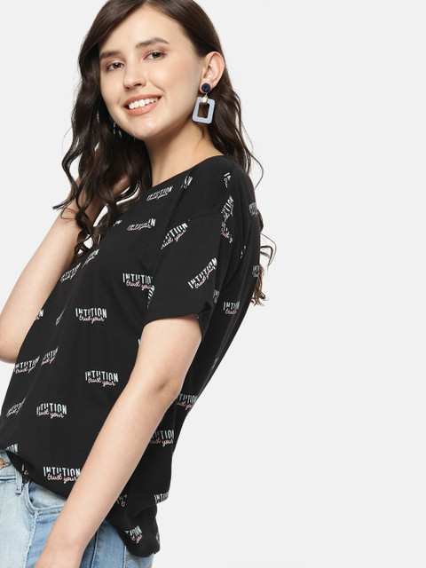 

Mast & Harbour Women Black Printed Round Neck T-shirt