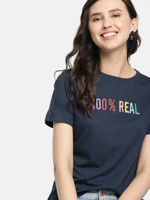 

Mast & Harbour Women Navy Blue Embroidered Round Neck T-shirt