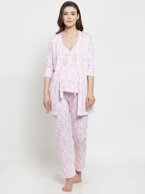 

Claura Women Pink & White Printed Night suit