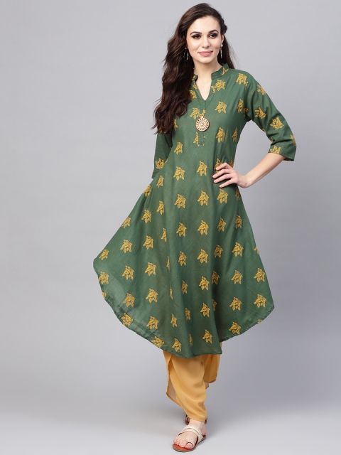 

SOJANYA Women Green & Yellow Printed A-Line Kurta