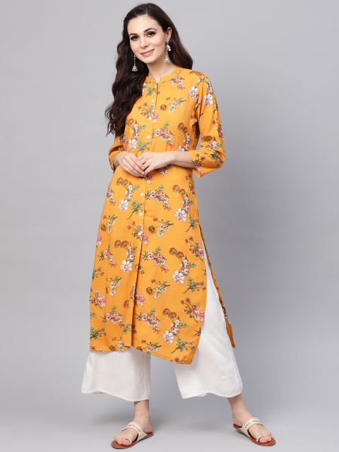 

SOJANYA Women Mustard Yellow & White Floral Printed Straight Kurta