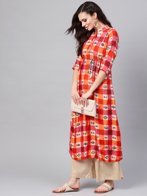 

SOJANYA Women Orange & Beige Checked A-Line Kurta