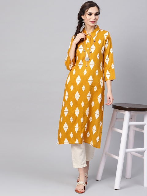 

SOJANYA Women Mustard Yellow & White Printed Straight Kurta