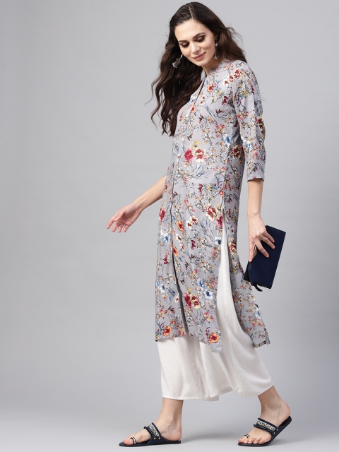 

SOJANYA Women Grey & Pink Floral Print Straight Kurta