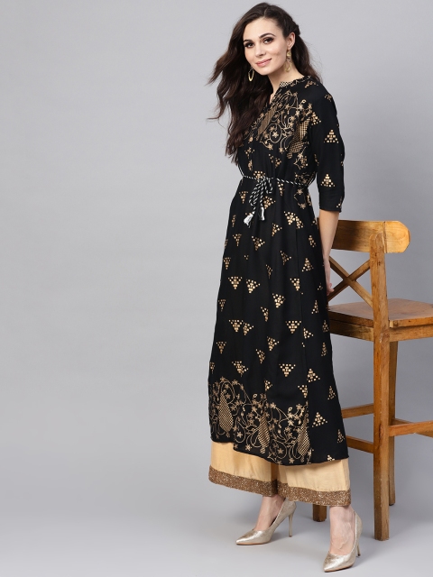 

SOJANYA Women Black & Golden Printed A-Line Kurta