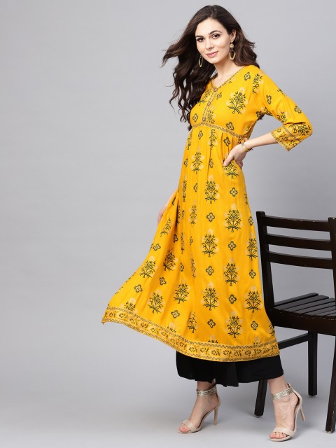 

SOJANYA Women Mustard Yellow & Green Printed A-Line Kurta