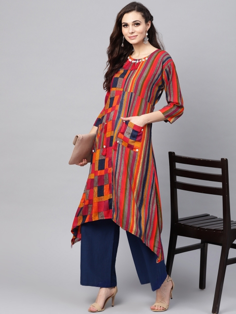 

SOJANYA Women Grey & Red Checked Asymmetric A-Line Kurta